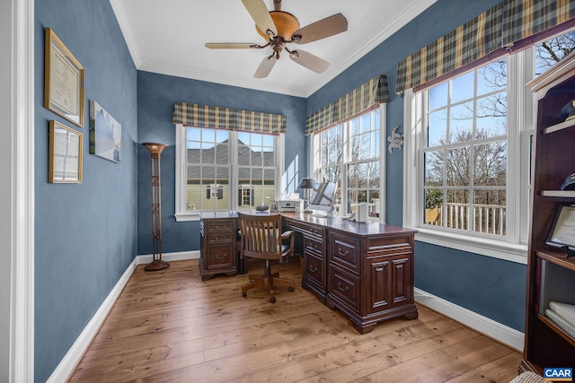 office area with light wood-type flooring, a ceiling fan, baseboards, and crown molding