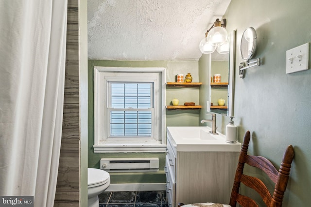 full bath with toilet, a textured ceiling, and vanity