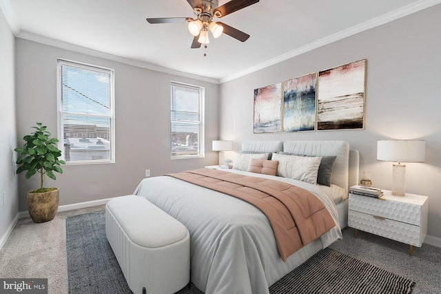 bedroom with ornamental molding, dark colored carpet, baseboards, and a ceiling fan