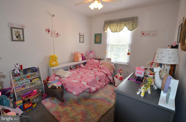 bedroom with carpet flooring and a ceiling fan