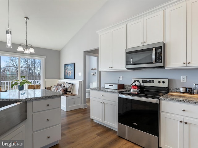 kitchen with lofted ceiling, light stone counters, dark wood-style flooring, stainless steel appliances, and white cabinetry