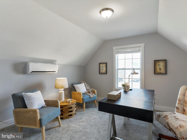 office space featuring carpet floors, lofted ceiling, a wall unit AC, and baseboards