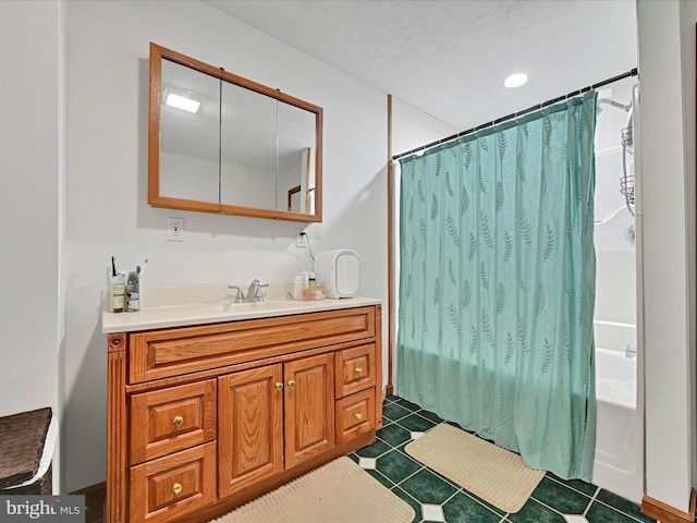 full bath featuring shower / bath combination with curtain, tile patterned flooring, and vanity