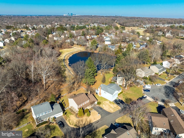 aerial view featuring a residential view and a water view