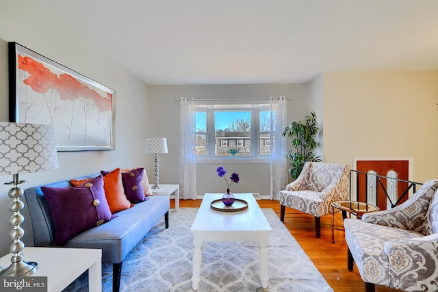 living room with baseboards and wood finished floors