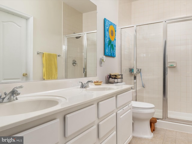 full bathroom featuring a stall shower, a sink, and tile patterned floors