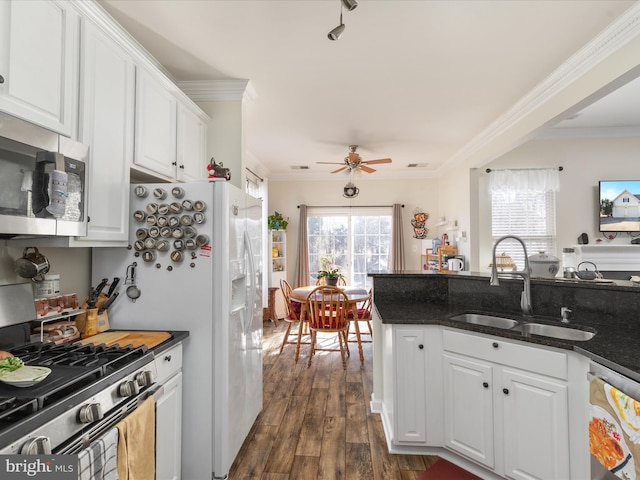 kitchen with appliances with stainless steel finishes, ornamental molding, dark wood-style flooring, white cabinetry, and a sink