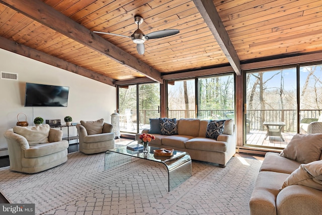 living area featuring beam ceiling, visible vents, wooden ceiling, and ceiling fan