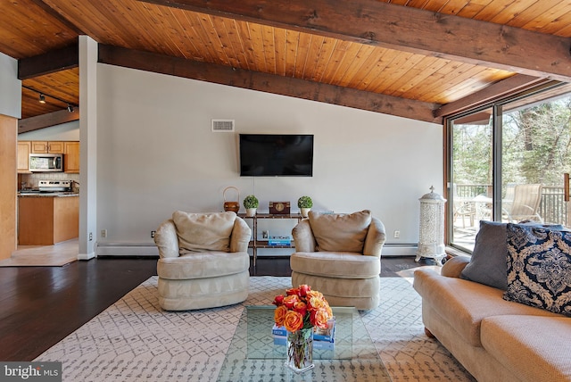 living area with visible vents, wooden ceiling, wood finished floors, and a baseboard heating unit