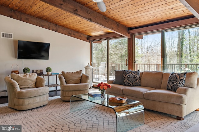 living area with visible vents, beamed ceiling, a baseboard heating unit, wood ceiling, and ceiling fan