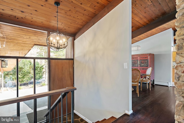 staircase featuring lofted ceiling with beams, wooden ceiling, an inviting chandelier, wood finished floors, and a baseboard radiator