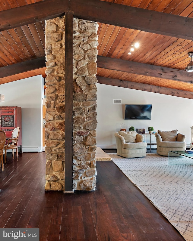 unfurnished living room featuring lofted ceiling with beams, dark wood-type flooring, and baseboard heating