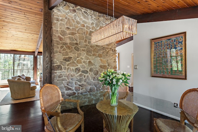 dining room featuring wood finished floors, wooden ceiling, and vaulted ceiling with beams