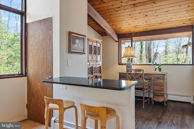 bar featuring vaulted ceiling with beams, a baseboard radiator, wood ceiling, and wood finished floors