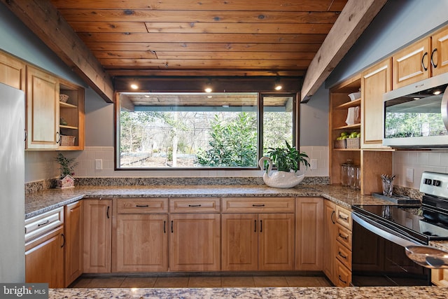 kitchen with open shelves, light tile patterned floors, wood ceiling, and appliances with stainless steel finishes