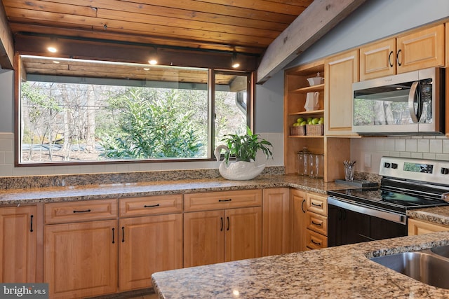 kitchen with light stone counters, light brown cabinets, appliances with stainless steel finishes, wooden ceiling, and backsplash