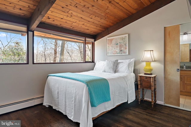 bedroom featuring a baseboard heating unit, lofted ceiling with beams, wood finished floors, and wooden ceiling