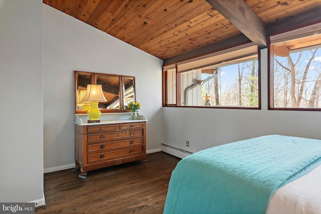 bedroom with wooden ceiling, dark wood-type flooring, baseboards, and a baseboard radiator