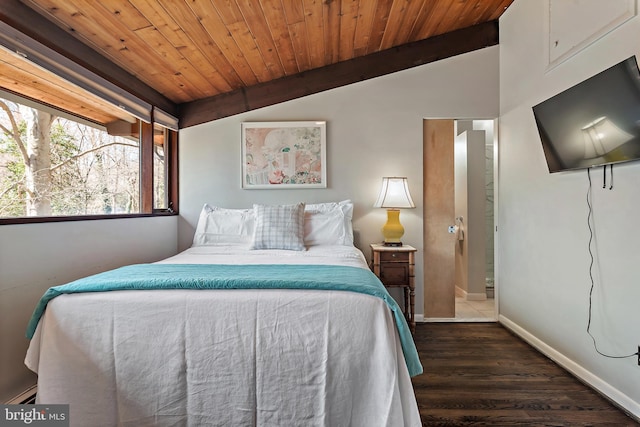 bedroom featuring dark wood-style floors, a baseboard radiator, baseboards, wood ceiling, and vaulted ceiling with beams