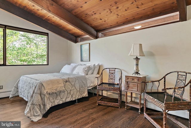 bedroom featuring a baseboard radiator, beam ceiling, wood ceiling, and wood finished floors