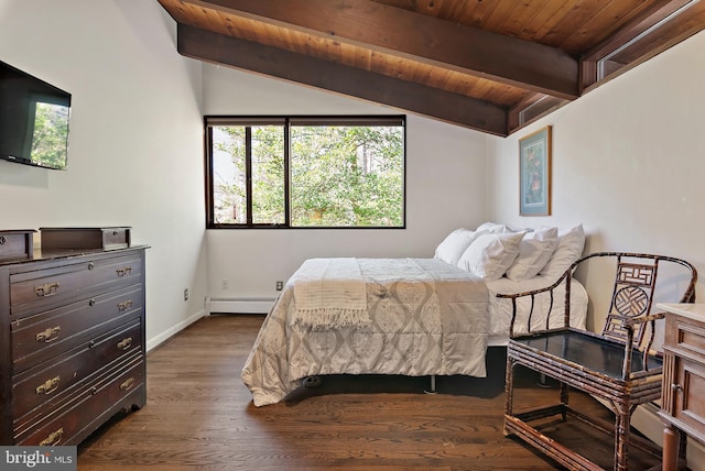 bedroom featuring baseboards, lofted ceiling with beams, dark wood-type flooring, wood ceiling, and baseboard heating