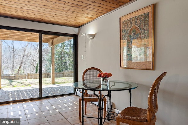 dining space with wood ceiling and tile patterned flooring