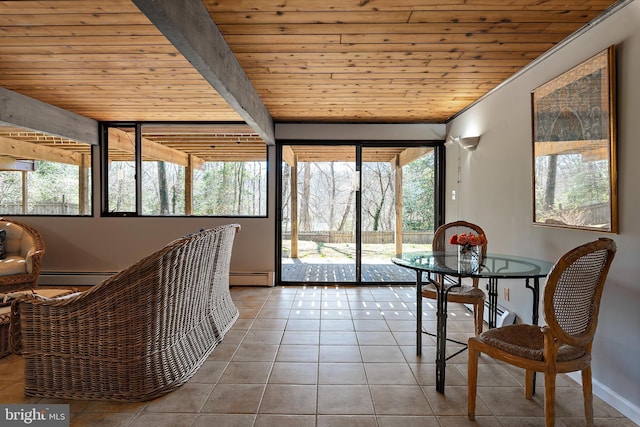 interior space featuring baseboards, baseboard heating, wood ceiling, and tile patterned flooring