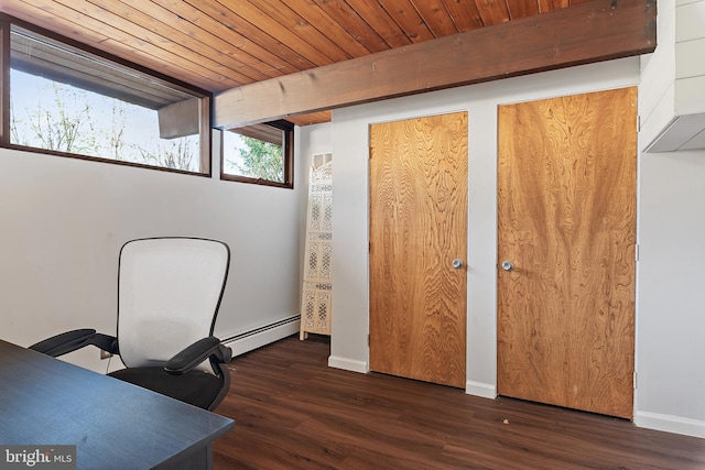 office space featuring a baseboard heating unit, beam ceiling, wood ceiling, and wood finished floors