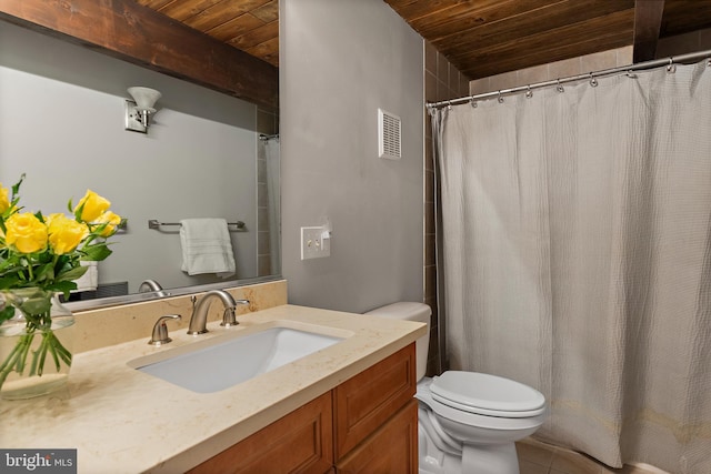 bathroom with visible vents, toilet, wood ceiling, and vanity