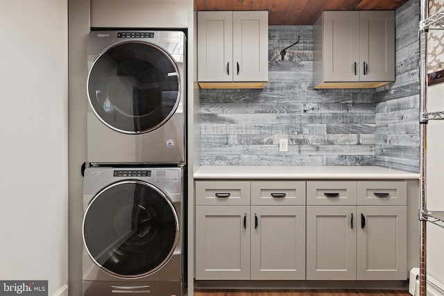 clothes washing area featuring cabinet space and stacked washing maching and dryer