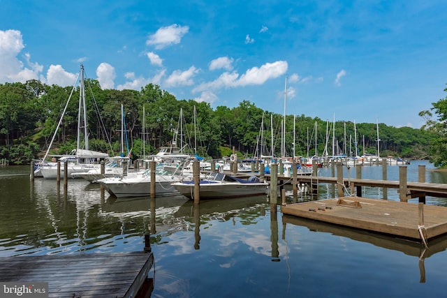 dock area featuring a forest view and a water view