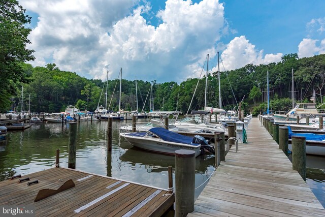 view of dock featuring a wooded view and a water view