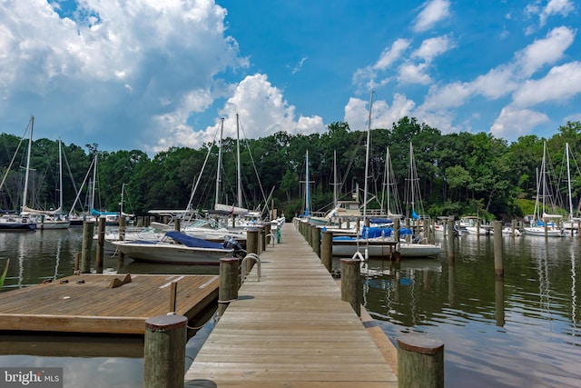 dock area with a wooded view and a water view