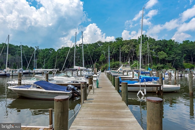 view of dock featuring a view of trees and a water view