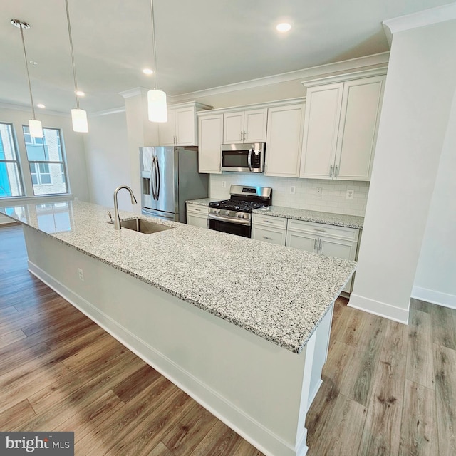 kitchen featuring decorative backsplash, ornamental molding, stainless steel appliances, light wood-type flooring, and a sink