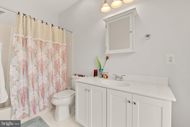 full bath with toilet, shower / tub combo, tile patterned flooring, and vanity