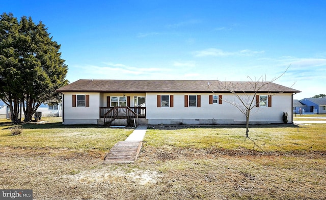 view of front of house featuring crawl space, a front yard, and a wooden deck