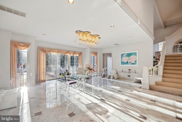 7707 Carlton Pl, Mclean, VA 22102 - dining room with visible vents, marble finish floor, ornamental molding, stairs, and recessed lighting