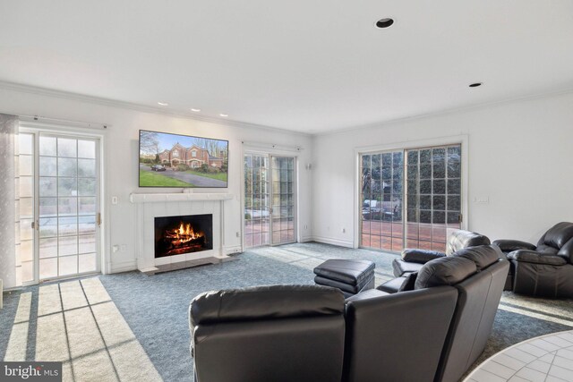 7707 Carlton Pl, Mclean, VA 22102 - living room featuring a warm lit fireplace, carpet floors, a wealth of natural light, and ornamental molding