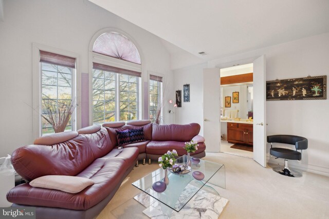 7707 Carlton Pl, Mclean, VA 22102 - living room with lofted ceiling, light colored carpet, and visible vents