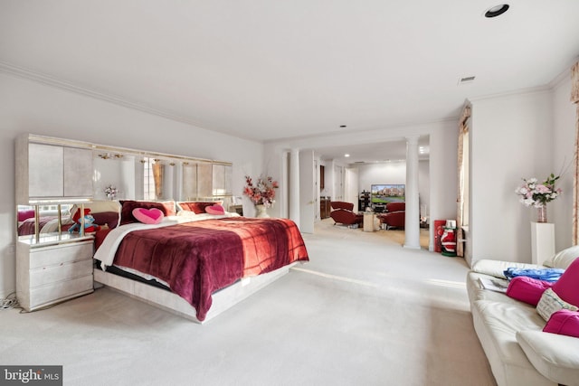 7707 Carlton Pl, Mclean, VA 22102 - carpeted bedroom featuring visible vents, ornamental molding, and ornate columns