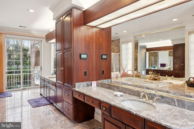 7707 Carlton Pl, Mclean, VA 22102 - bathroom featuring marble finish floor, vanity, ornamental molding, and visible vents