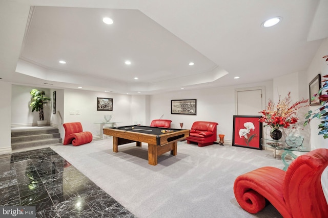 7707 Carlton Pl, Mclean, VA 22102 - playroom with carpet floors, a tray ceiling, billiards, and recessed lighting