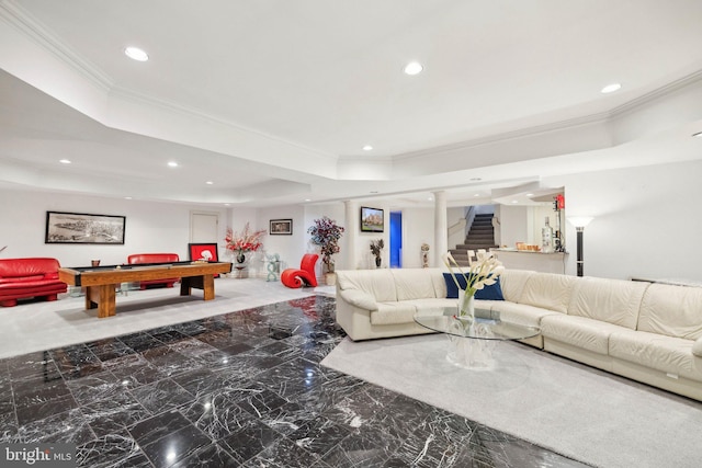 7707 Carlton Pl, Mclean, VA 22102 - living area featuring crown molding, recessed lighting, stairway, a raised ceiling, and pool table