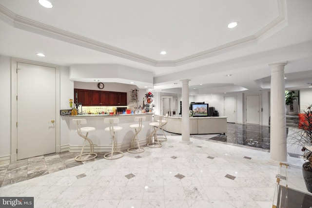 7707 Carlton Pl, Mclean, VA 22102 - kitchen featuring decorative columns, a raised ceiling, and recessed lighting
