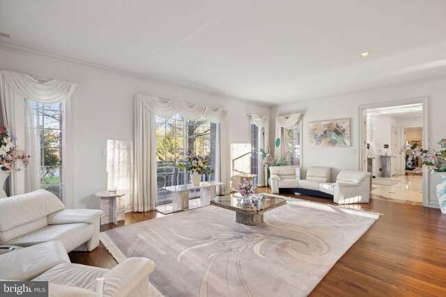 7707 Carlton Pl, Mclean, VA 22102 - living room featuring a wealth of natural light, wood finished floors, recessed lighting, and crown molding