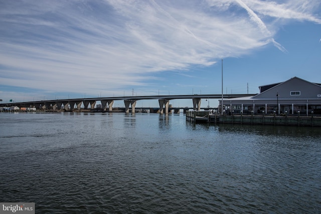 view of water feature with a dock