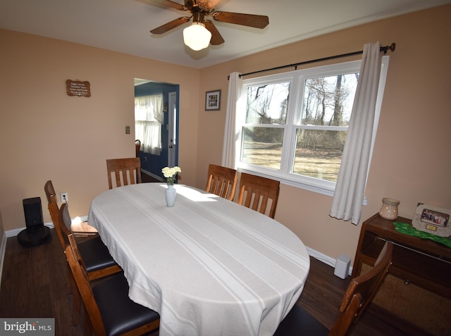 dining area with ceiling fan, baseboards, and wood finished floors