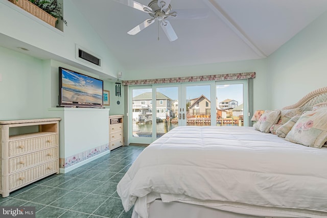 bedroom featuring dark tile patterned flooring, ceiling fan, access to exterior, french doors, and high vaulted ceiling