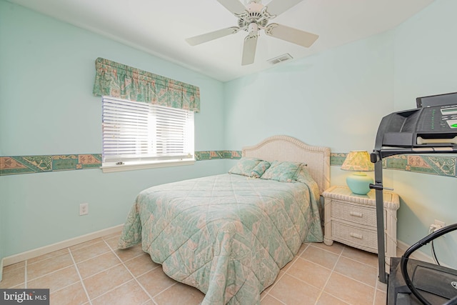 bedroom with baseboards, visible vents, a ceiling fan, and tile patterned floors